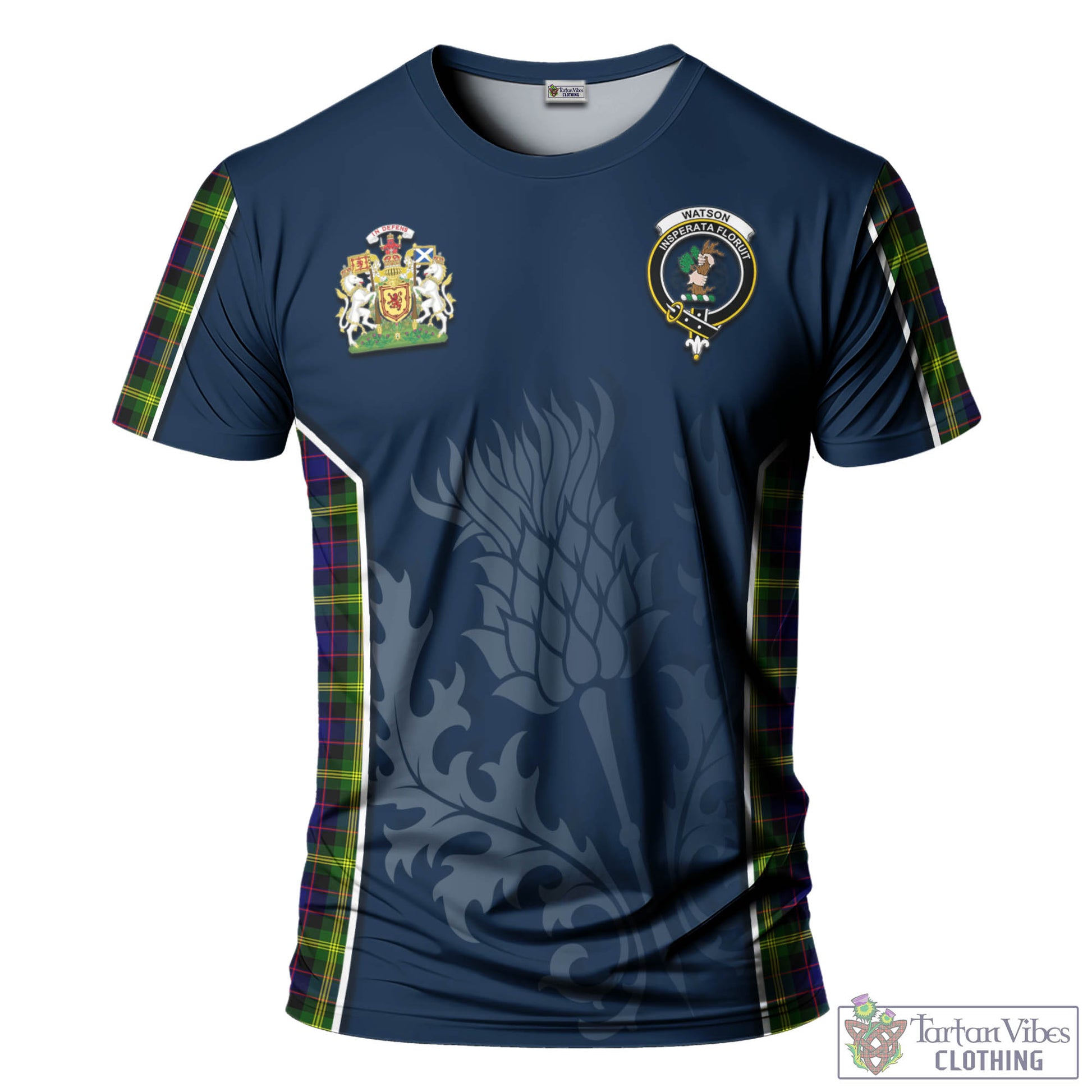 Tartan Vibes Clothing Watson Modern Tartan T-Shirt with Family Crest and Scottish Thistle Vibes Sport Style