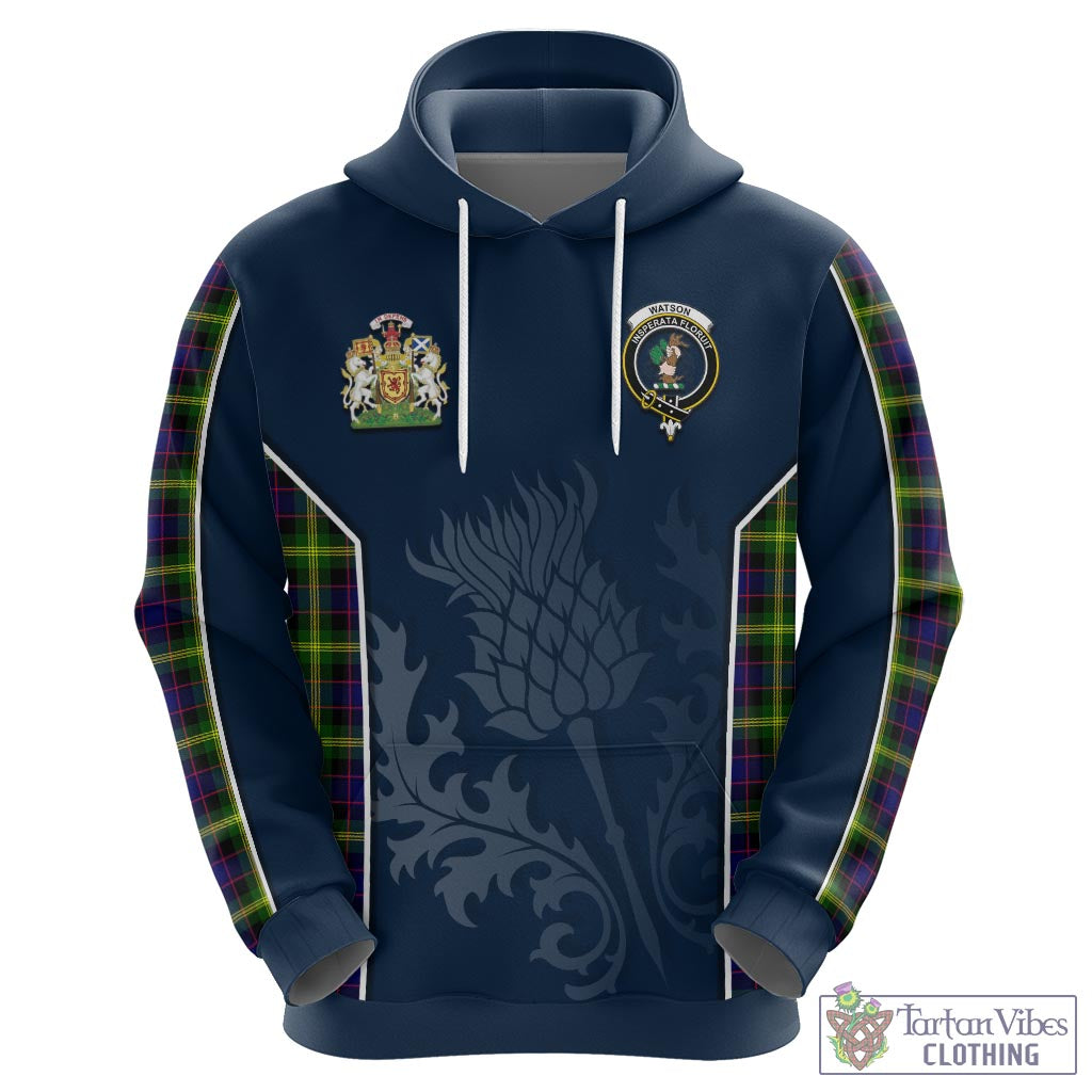 Tartan Vibes Clothing Watson Modern Tartan Hoodie with Family Crest and Scottish Thistle Vibes Sport Style