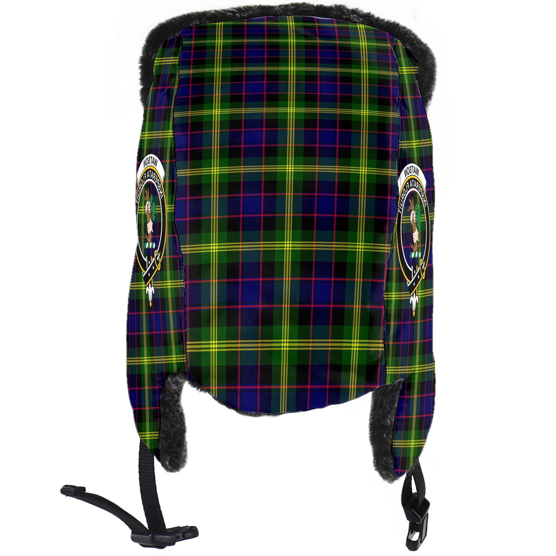 Watson Modern Tartan Winter Trapper Hat with Family Crest - Tartanvibesclothing