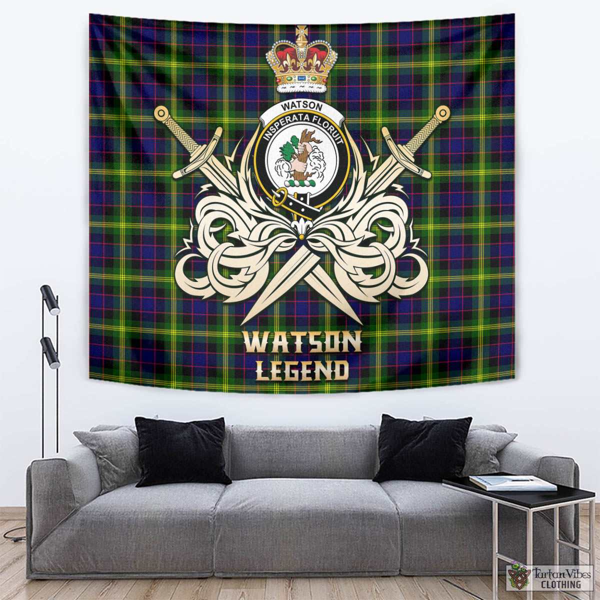 Tartan Vibes Clothing Watson Modern Tartan Tapestry with Clan Crest and the Golden Sword of Courageous Legacy