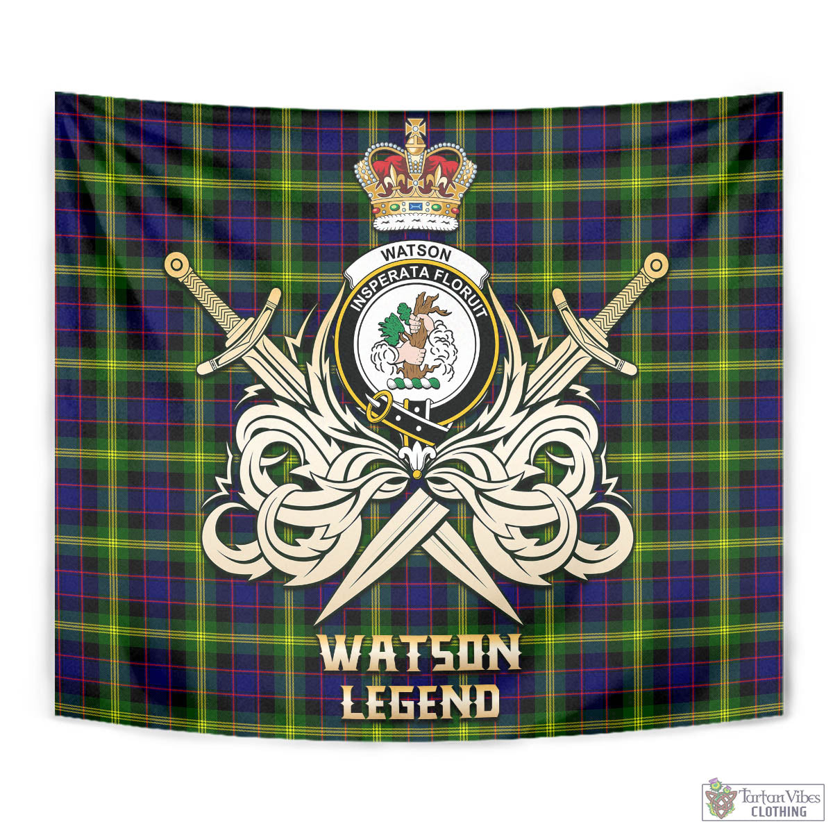 Tartan Vibes Clothing Watson Modern Tartan Tapestry with Clan Crest and the Golden Sword of Courageous Legacy