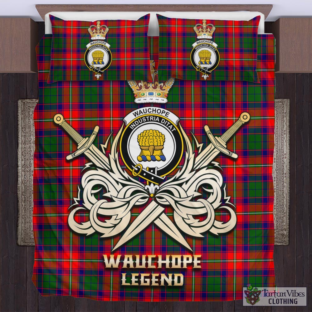 Tartan Vibes Clothing Wauchope Tartan Bedding Set with Clan Crest and the Golden Sword of Courageous Legacy