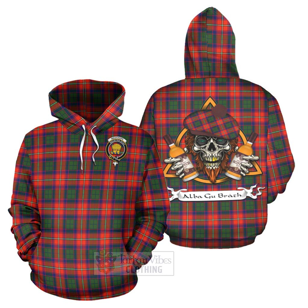 Tartan Vibes Clothing Wauchope Tartan Hoodie with Family Crest and Bearded Skull Holding Bottles of Whiskey