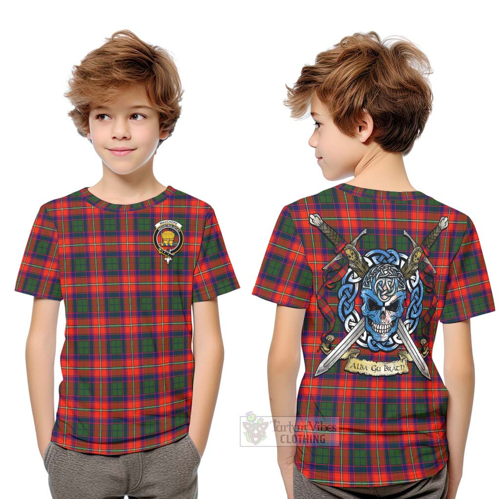 Tartan Vibes Clothing Wauchope Tartan Kid T-Shirt with Family Crest Celtic Skull Style