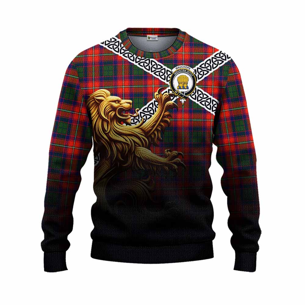 Wauchope Crest Tartan Knitted Sweater with Golden Lion Emblem Celtic Style Unisex - Tartan Vibes Clothing