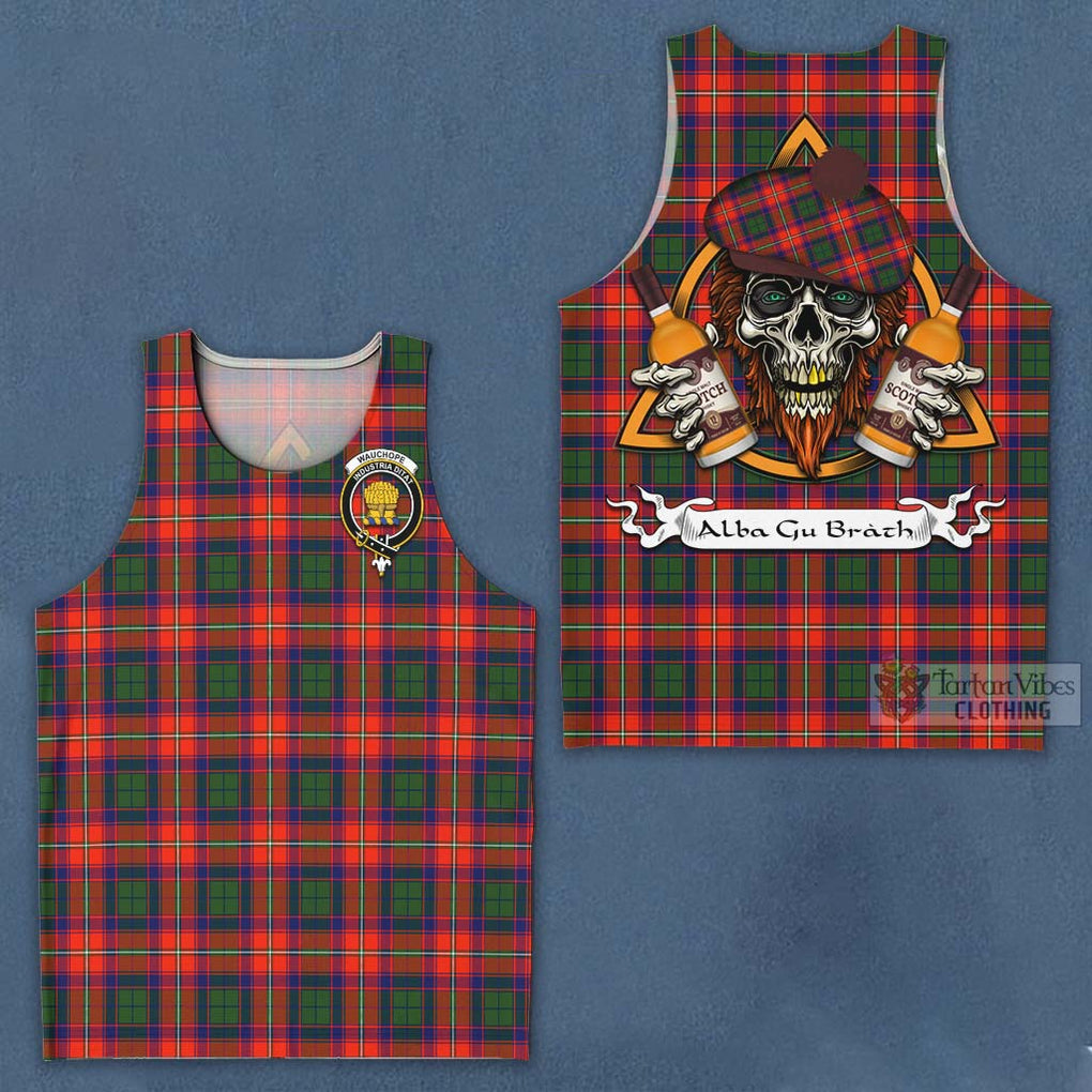 Tartan Vibes Clothing Wauchope Tartan Men's Tank Top with Family Crest and Bearded Skull Holding Bottles of Whiskey