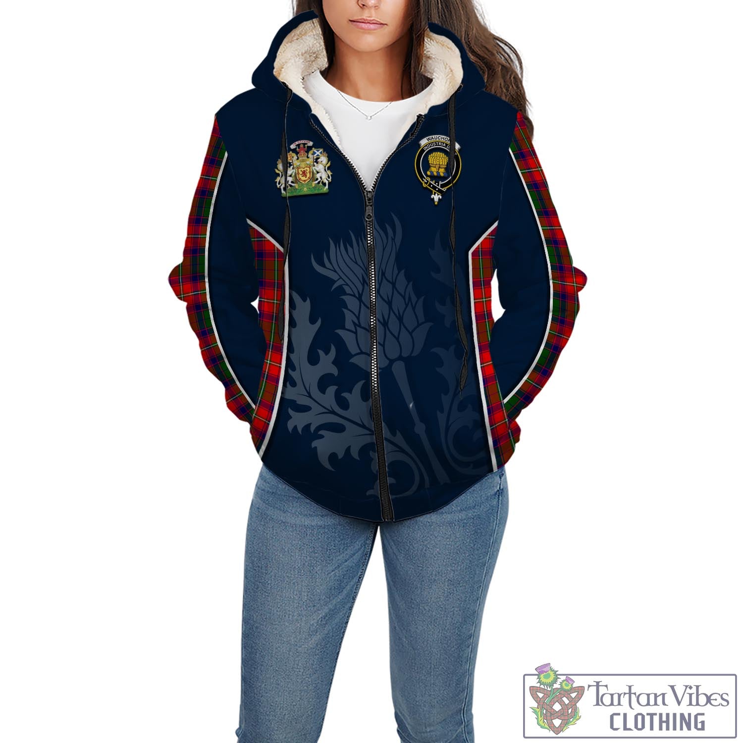 Tartan Vibes Clothing Wauchope Tartan Sherpa Hoodie with Family Crest and Scottish Thistle Vibes Sport Style