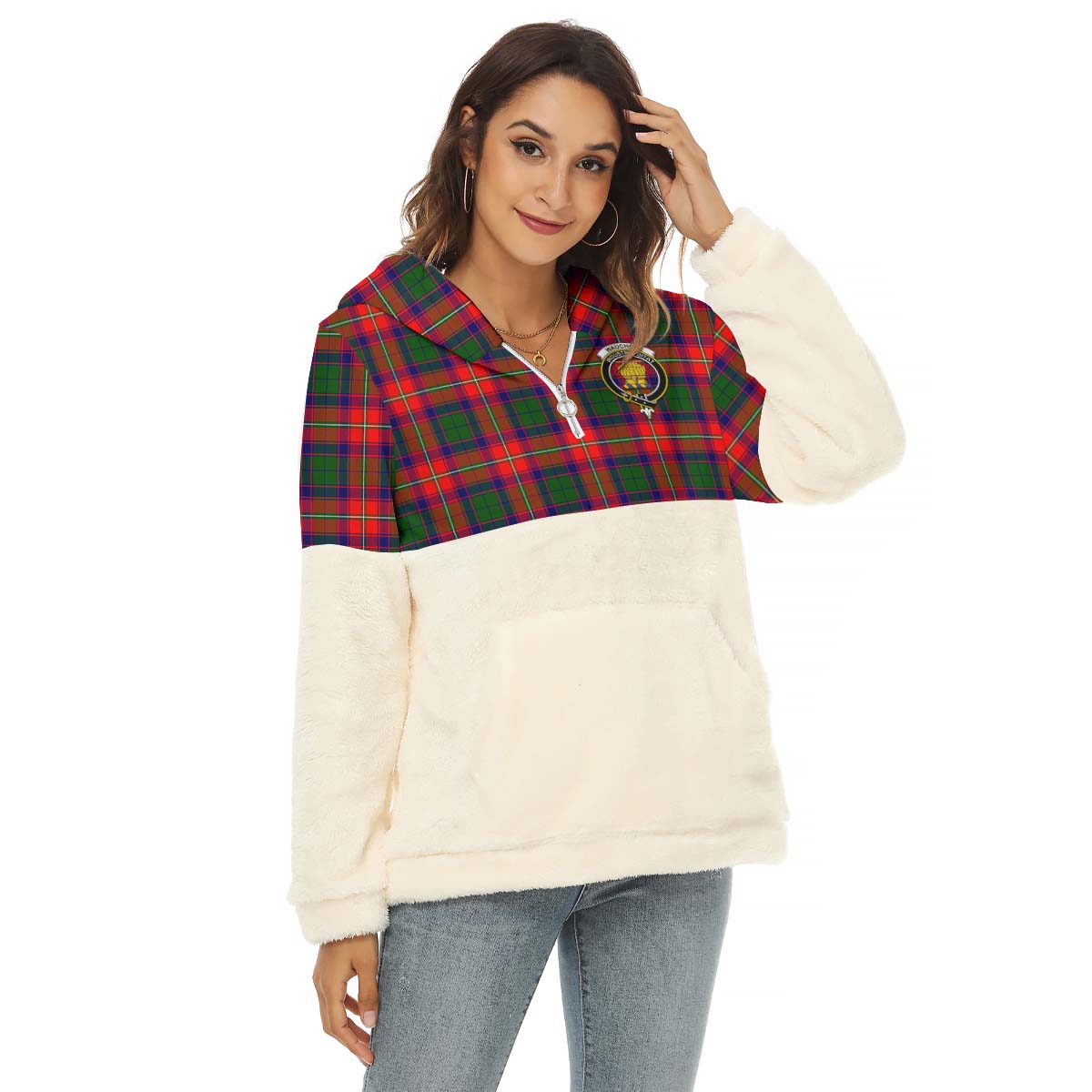 wauchope-tartan-womens-borg-fleece-hoodie-with-half-zip-with-family-crest