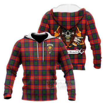 Wauchope Tartan Knitted Hoodie with Family Crest and Bearded Skull Holding Bottles of Whiskey