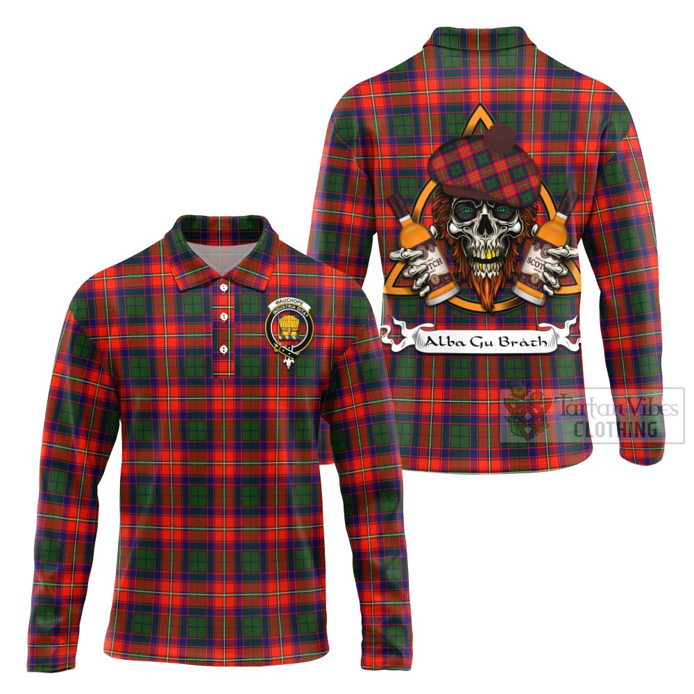 Tartan Vibes Clothing Wauchope Tartan Long Sleeve Polo Shirt with Family Crest and Bearded Skull Holding Bottles of Whiskey