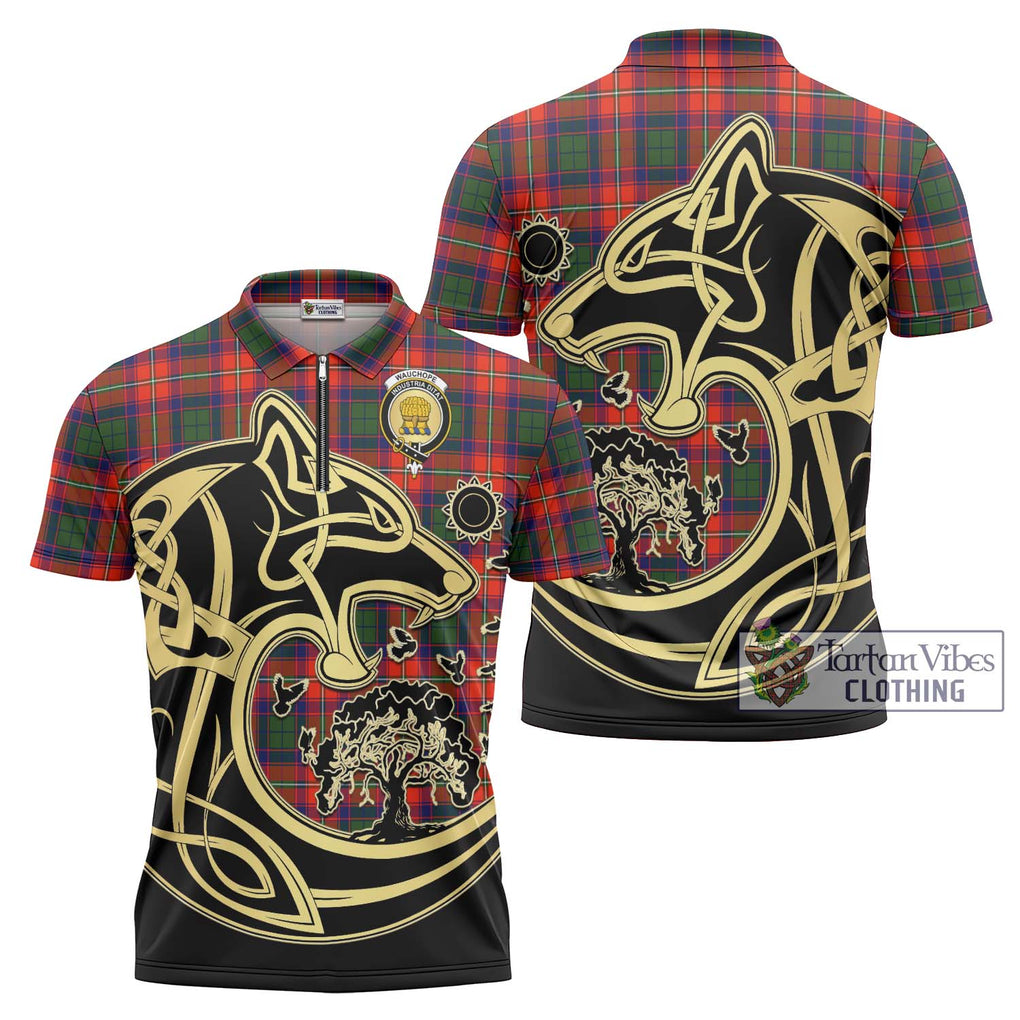 Wauchope Tartan Zipper Polo Shirt with Family Crest Celtic Wolf Style Unisex - Tartanvibesclothing Shop