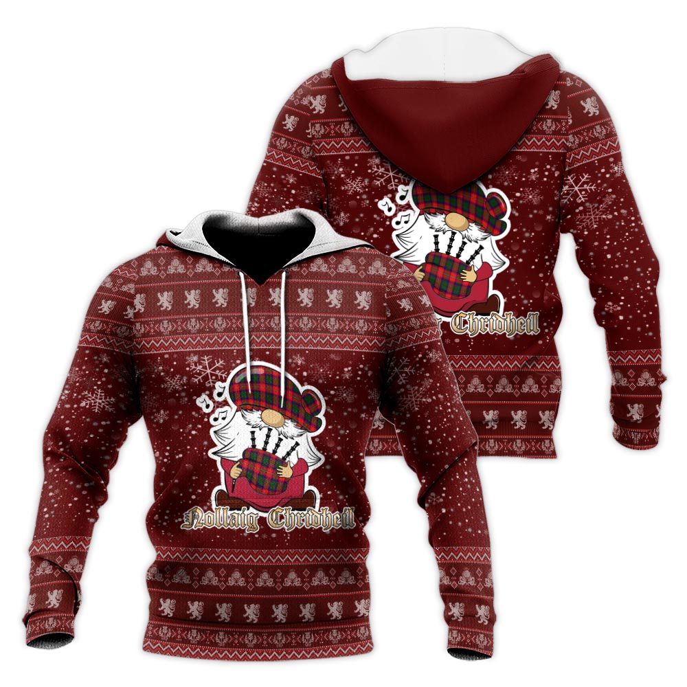 Wauchope Clan Christmas Knitted Hoodie with Funny Gnome Playing Bagpipes Red - Tartanvibesclothing