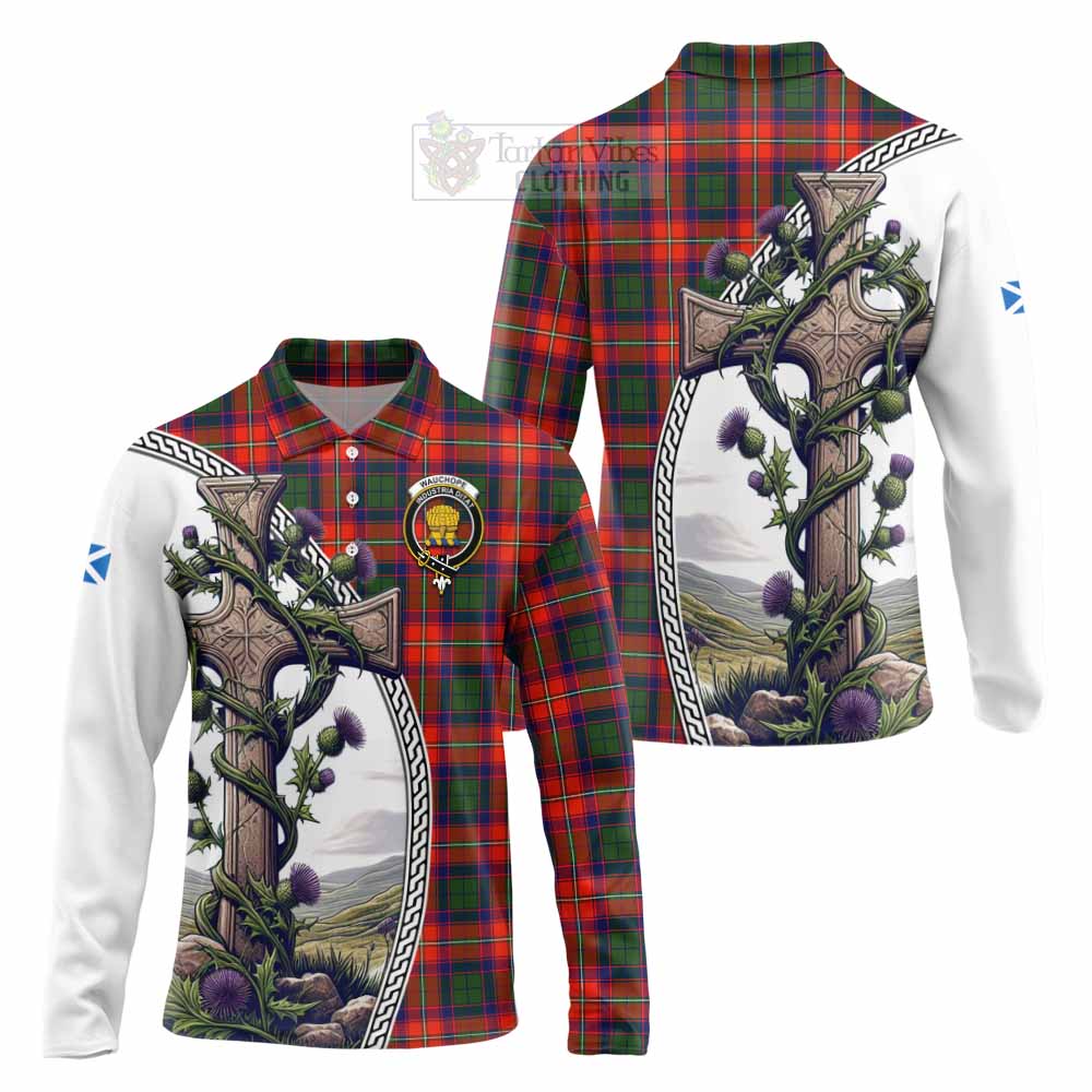 Tartan Vibes Clothing Wauchope Tartan Long Sleeve Polo Shirt with Family Crest and St. Andrew's Cross Accented by Thistle Vines