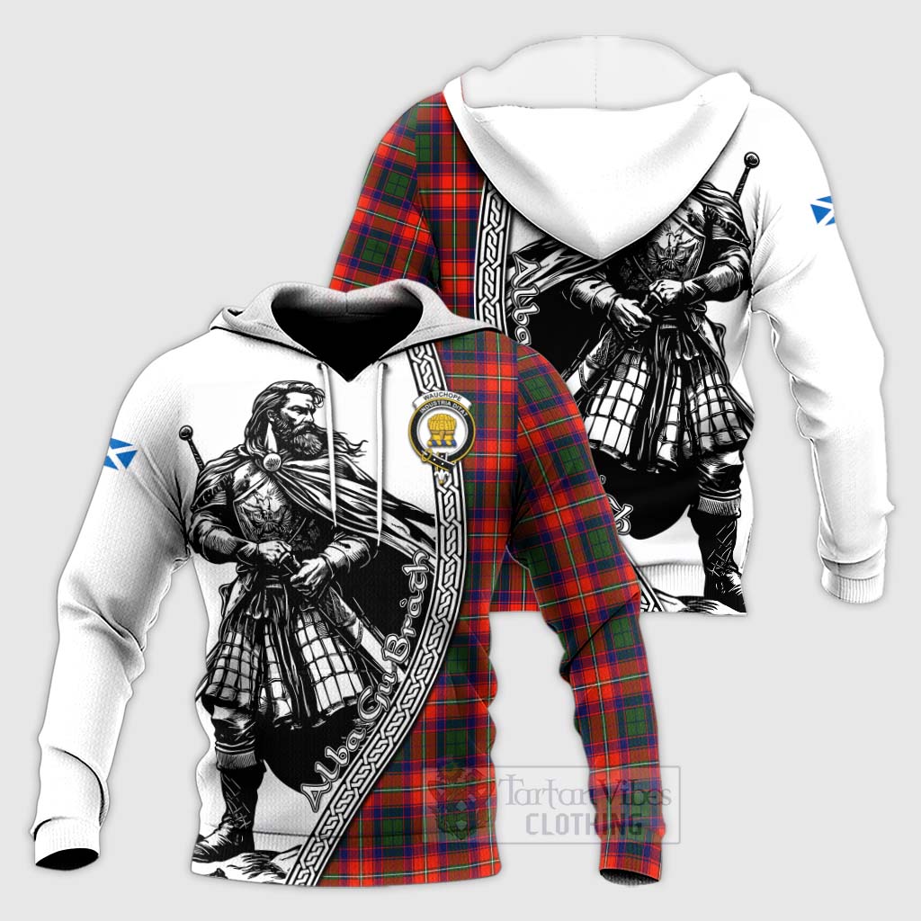 Tartan Vibes Clothing Wauchope Tartan Clan Crest Knitted Hoodie with Highlander Warrior Celtic Style