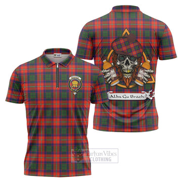 Wauchope Tartan Zipper Polo Shirt with Family Crest and Bearded Skull Holding Bottles of Whiskey