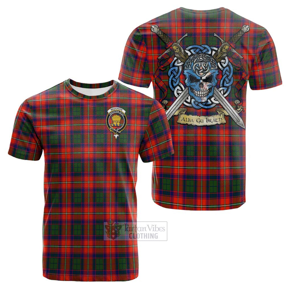 Tartan Vibes Clothing Wauchope Tartan Cotton T-shirt with Family Crest Celtic Skull Style