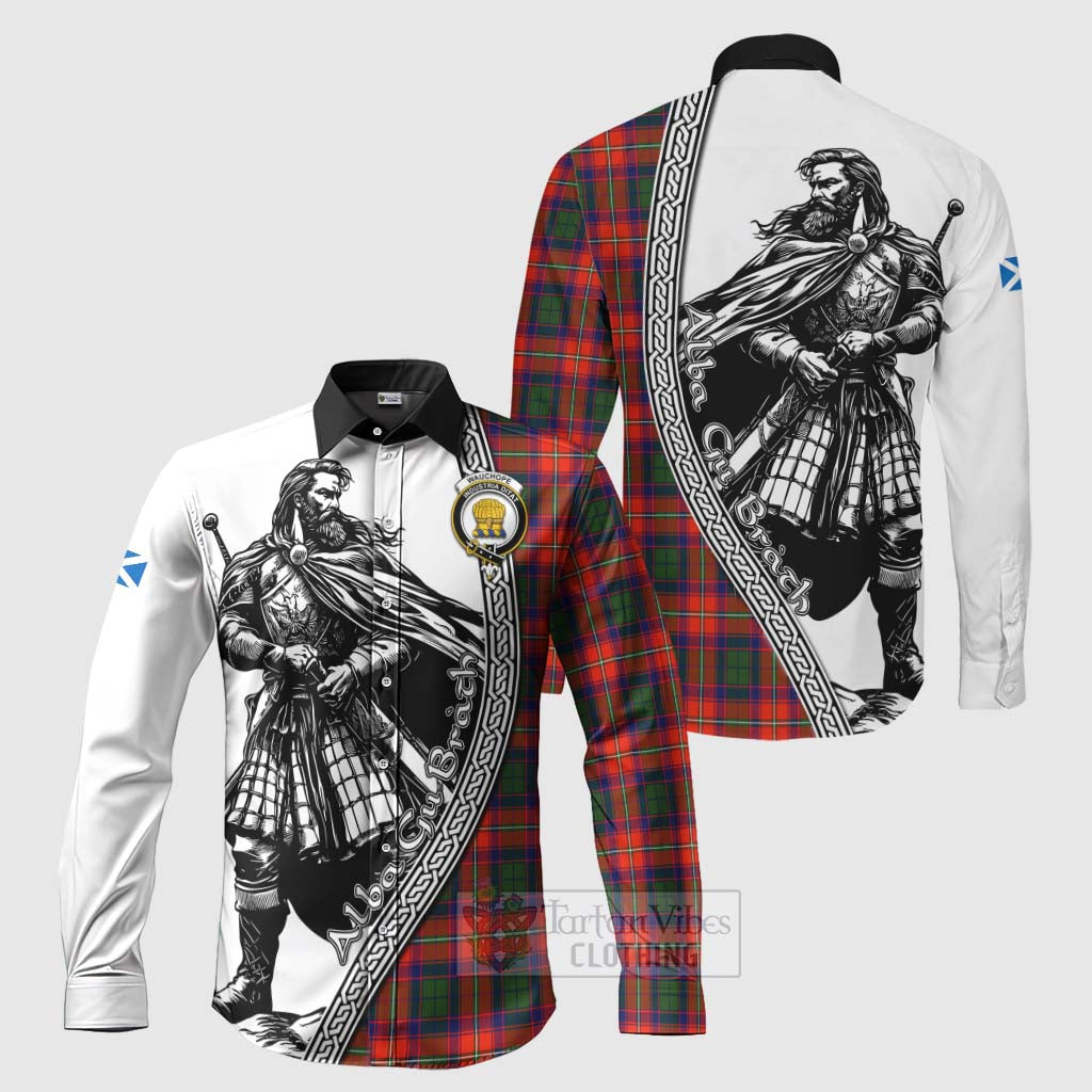 Tartan Vibes Clothing Wauchope Tartan Clan Crest Long Sleeve Button Shirt with Highlander Warrior Celtic Style