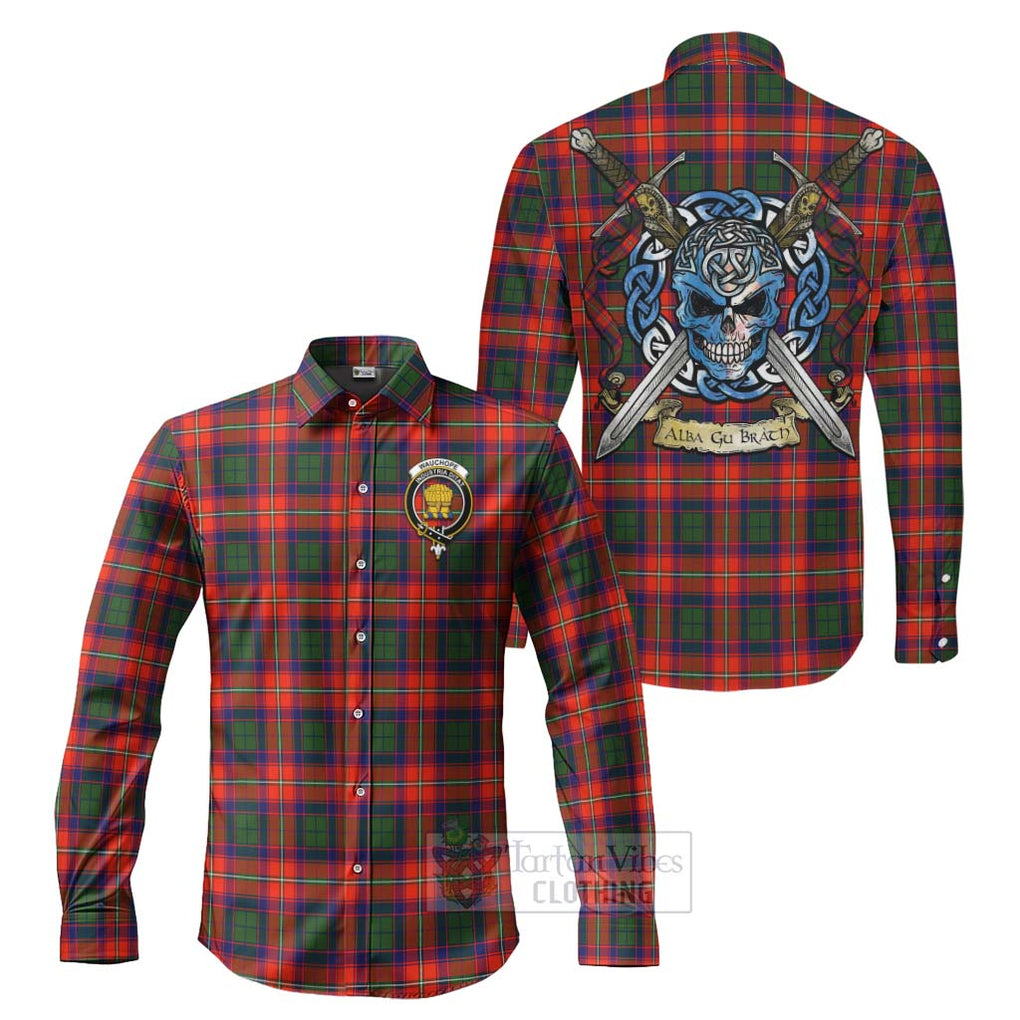 Tartan Vibes Clothing Wauchope Tartan Long Sleeve Button Shirt with Family Crest Celtic Skull Style