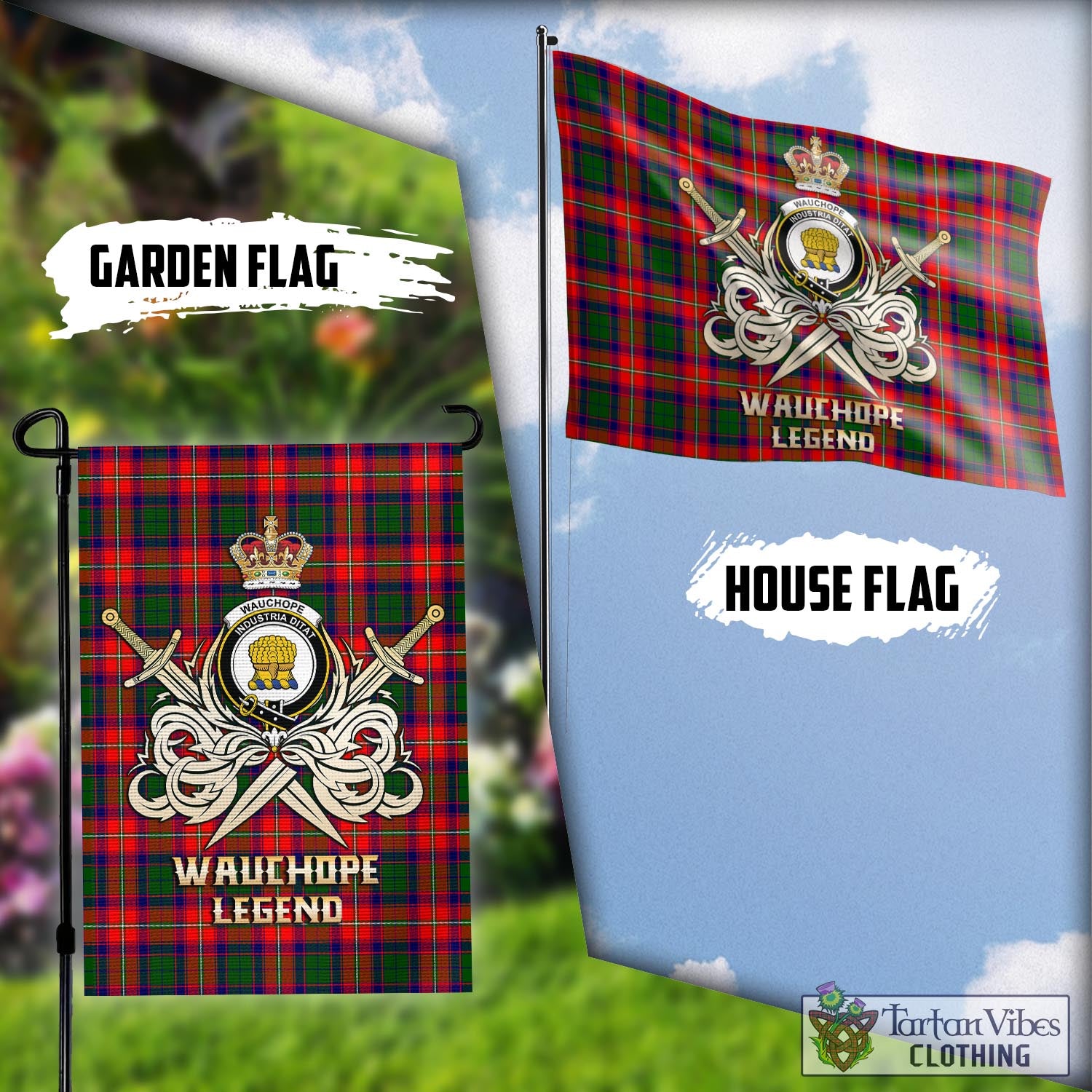 Tartan Vibes Clothing Wauchope Tartan Flag with Clan Crest and the Golden Sword of Courageous Legacy