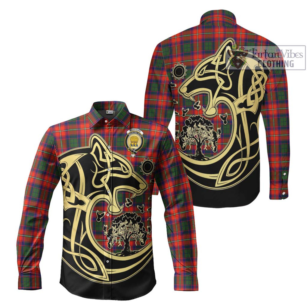 Wauchope Tartan Long Sleeve Button Shirt with Family Crest Celtic Wolf Style Men's Shirt S - Tartan Vibes Clothing