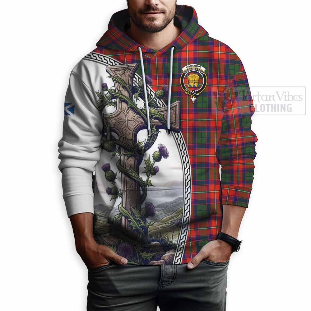 Tartan Vibes Clothing Wauchope Tartan Hoodie with Family Crest and St. Andrew's Cross Accented by Thistle Vines