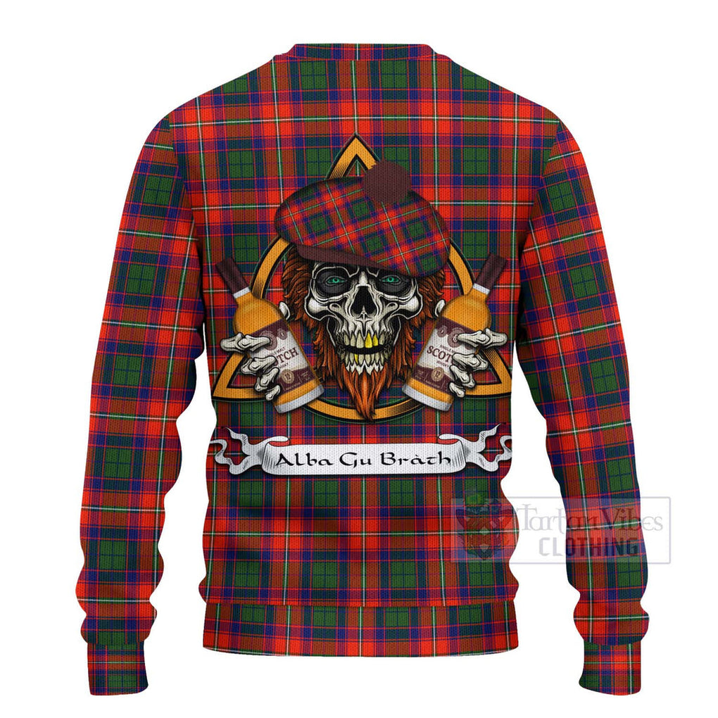 Tartan Vibes Clothing Wauchope Tartan Knitted Sweater with Family Crest and Bearded Skull Holding Bottles of Whiskey