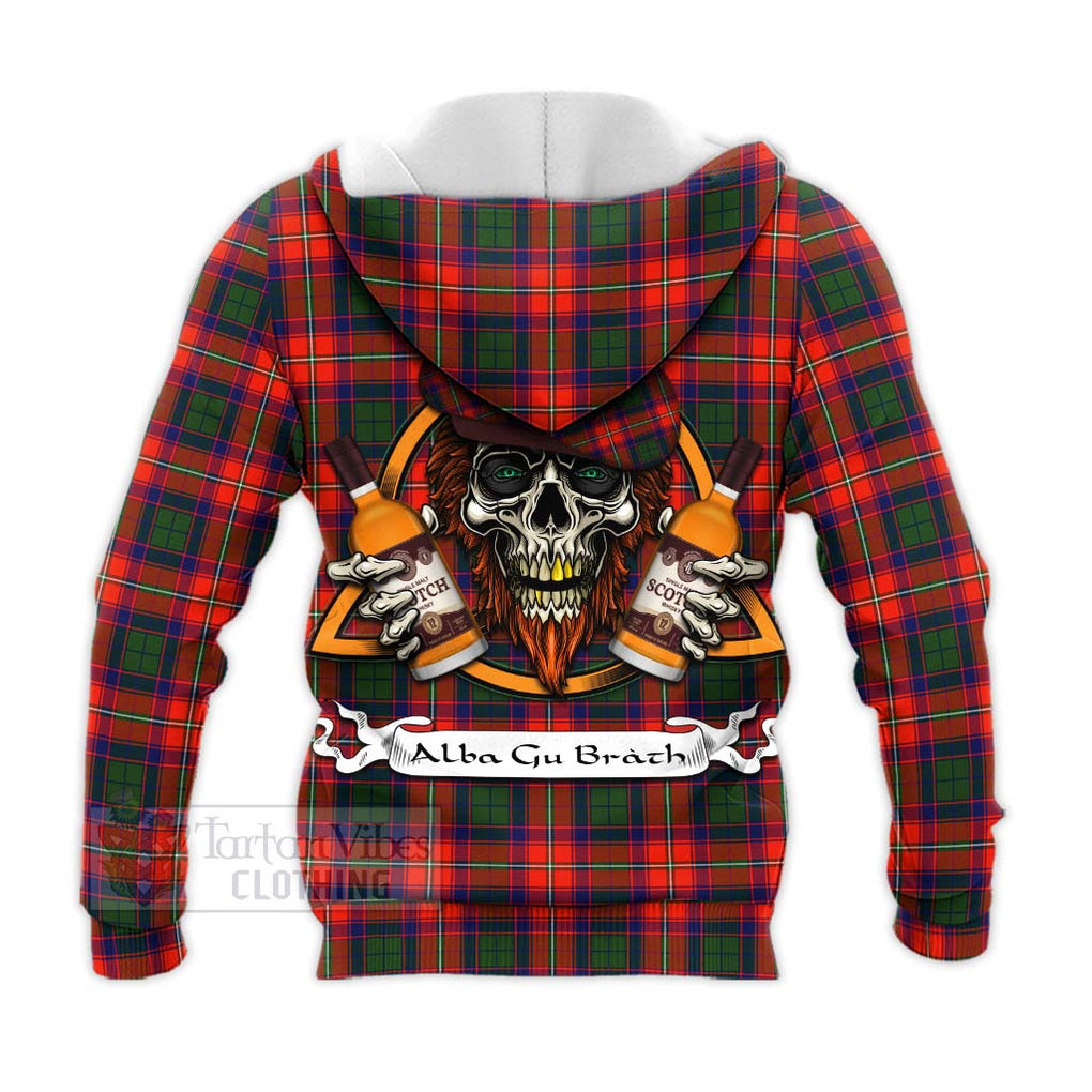 Tartan Vibes Clothing Wauchope Tartan Knitted Hoodie with Family Crest and Bearded Skull Holding Bottles of Whiskey