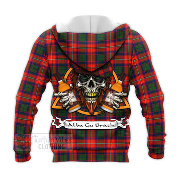 Wauchope Tartan Knitted Hoodie with Family Crest and Bearded Skull Holding Bottles of Whiskey