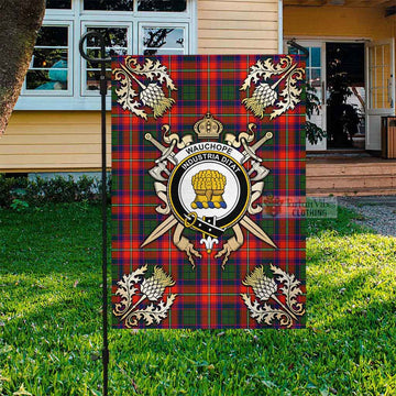 Wauchope Tartan Flag with Family Crest and Golden Thistle Crossed Sword Design