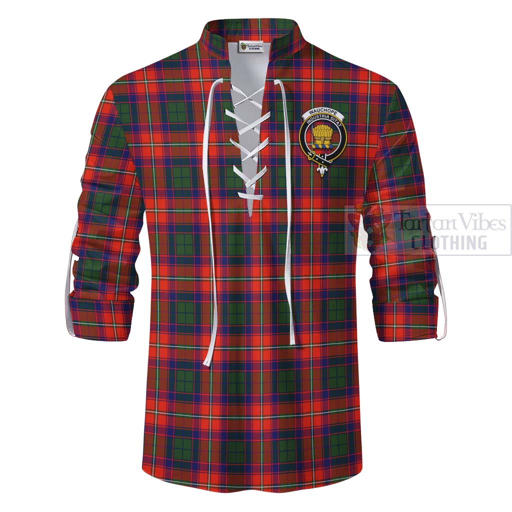 Tartan Vibes Clothing Wauchope Tartan Ghillie Kilt Shirt with Family Crest and Bearded Skull Holding Bottles of Whiskey