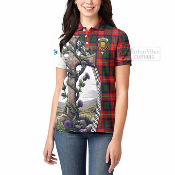 Wauchope Tartan Women's Polo Shirt with Family Crest and St. Andrew's Cross Accented by Thistle Vines