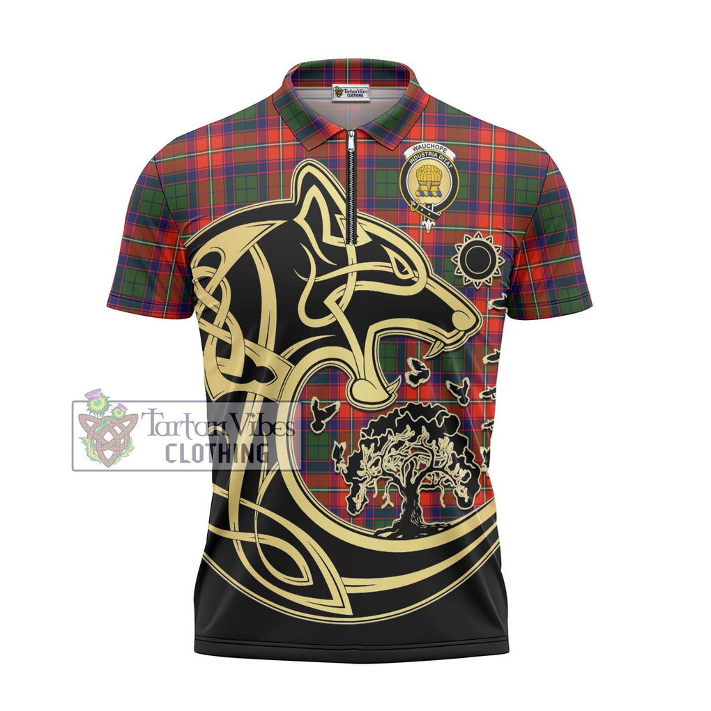 Wauchope Tartan Zipper Polo Shirt with Family Crest Celtic Wolf Style - Tartanvibesclothing Shop