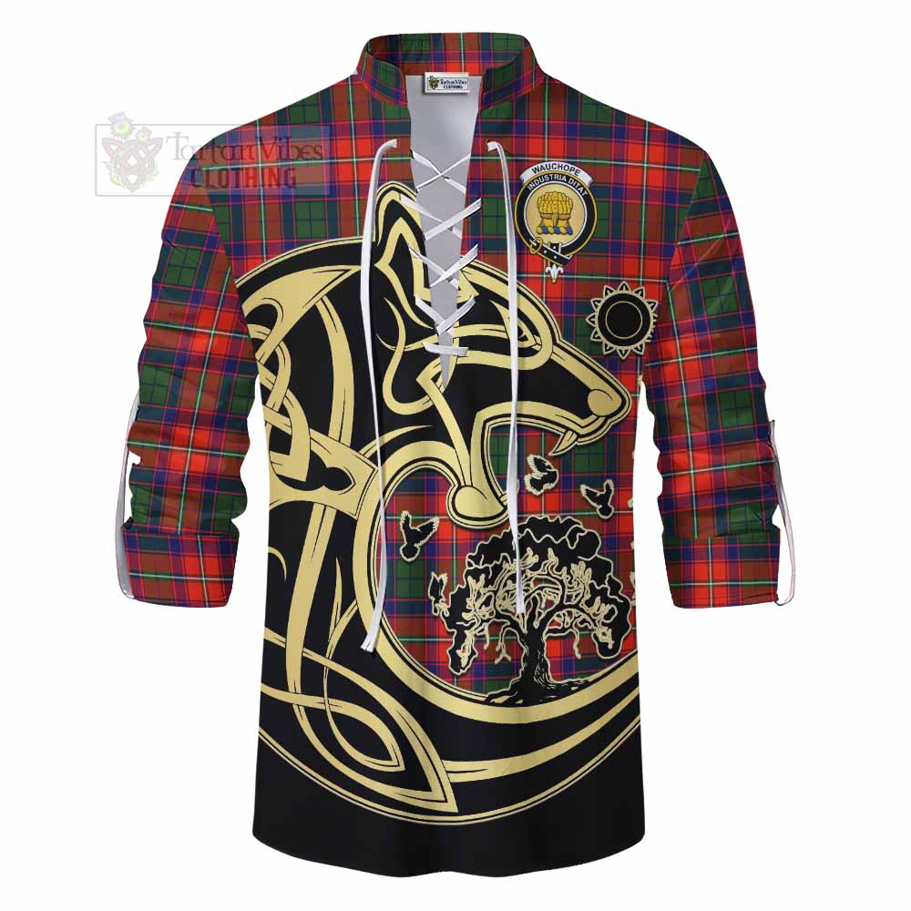 Tartan Vibes Clothing Wauchope Tartan Ghillie Kilt Shirt with Family Crest Celtic Wolf Style