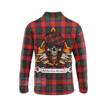 Wauchope Tartan Long Sleeve Polo Shirt with Family Crest and Bearded Skull Holding Bottles of Whiskey