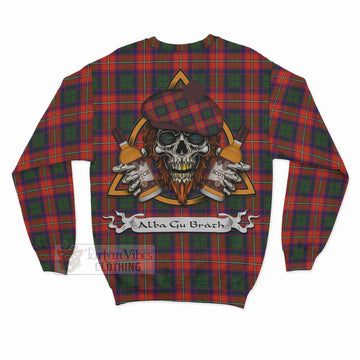 Wauchope Tartan Sweatshirt with Family Crest and Bearded Skull Holding Bottles of Whiskey