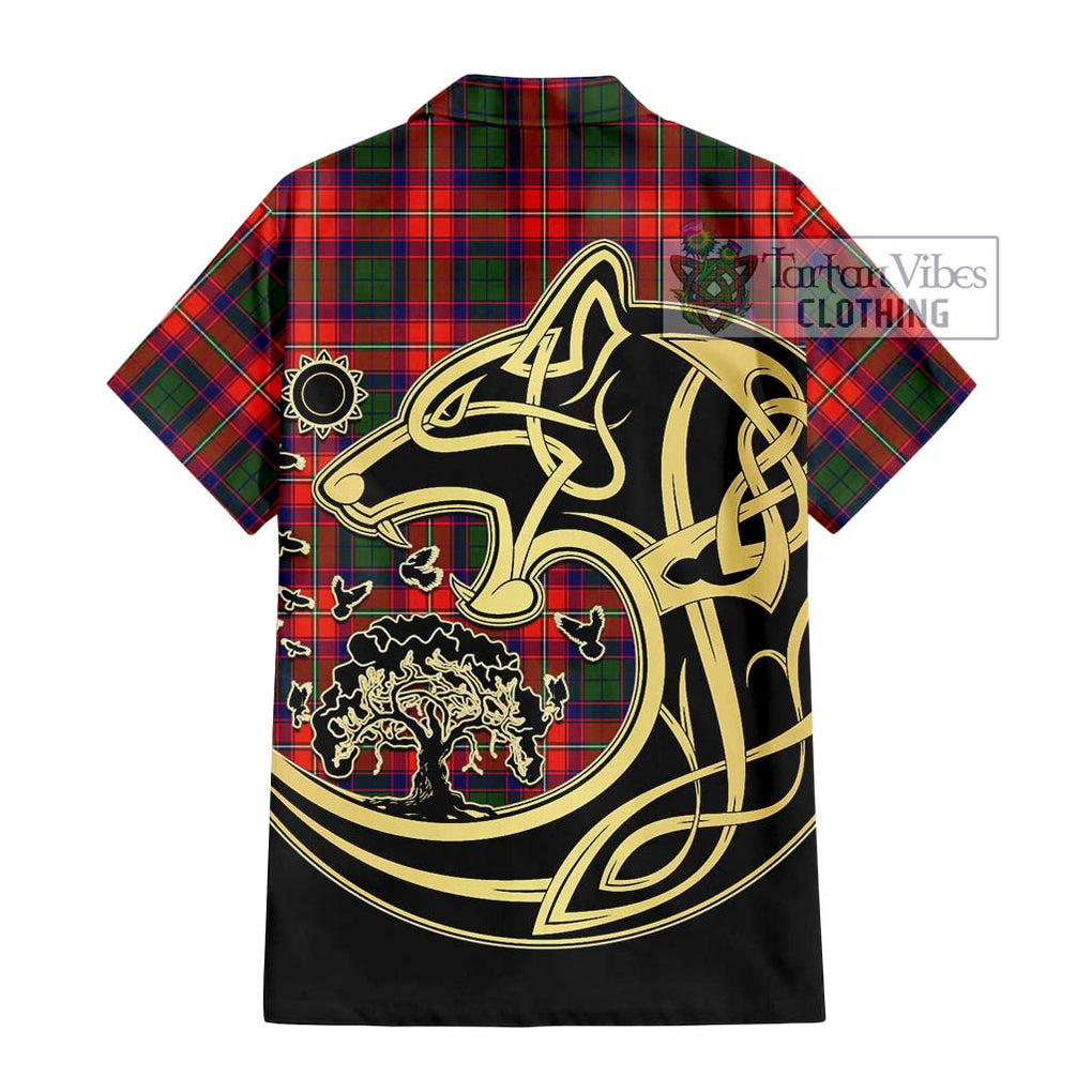 Wauchope Tartan Short Sleeve Button Shirt with Family Crest Celtic Wolf Style - Tartan Vibes Clothing