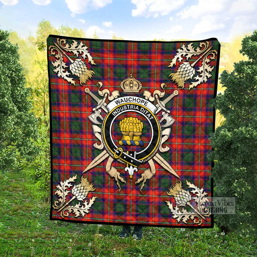 Tartan Vibes Clothing Wauchope Tartan Quilt with Family Crest and Scottish Golden Courage Shield