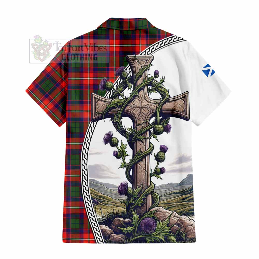 Tartan Vibes Clothing Wauchope Tartan Short Sleeve Button Shirt with Family Crest and St. Andrew's Cross Accented by Thistle Vines