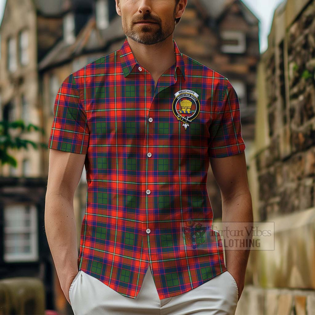 Tartan Vibes Clothing Wauchope Tartan Short Sleeve Button Shirt with Family Crest and Bearded Skull Holding Bottles of Whiskey