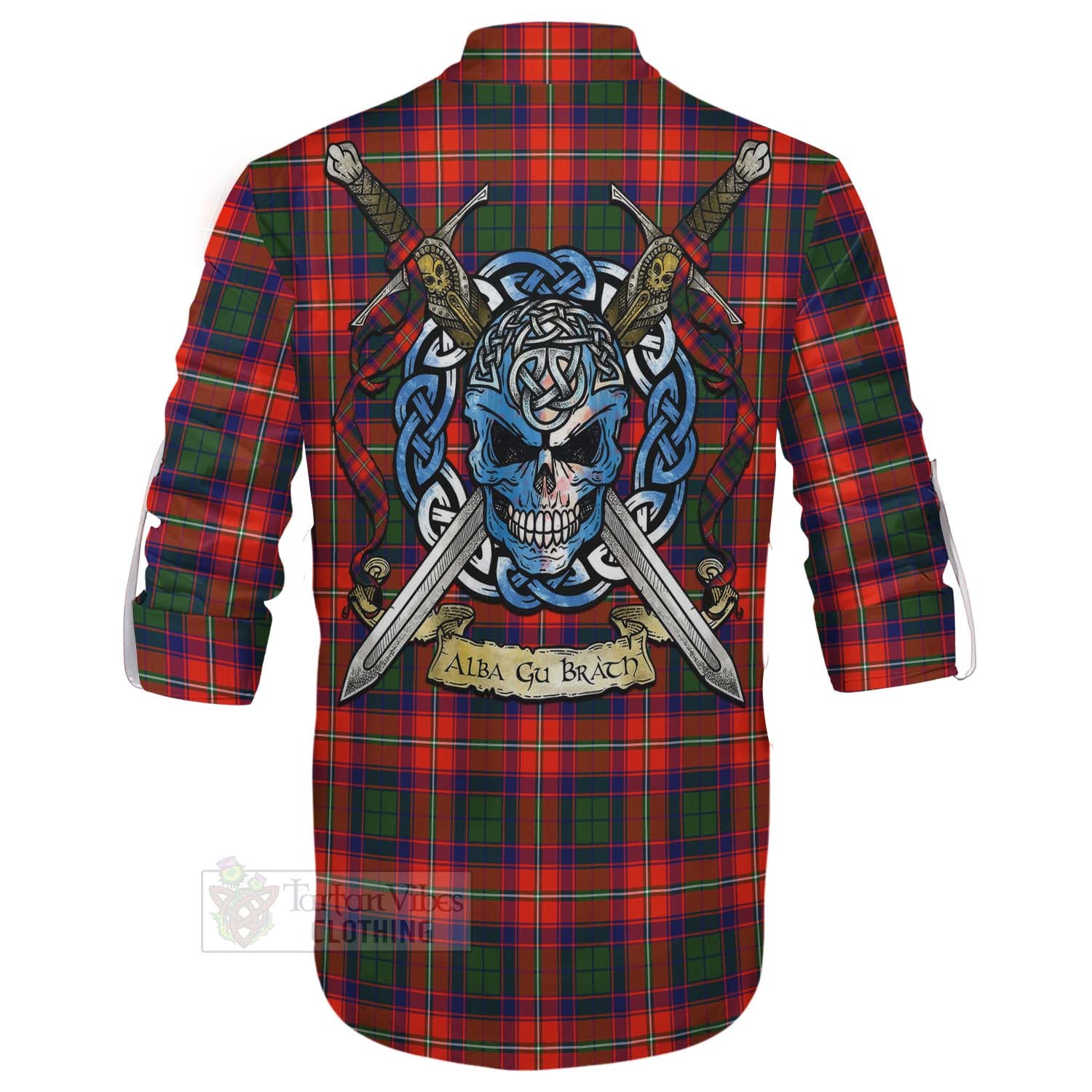 Tartan Vibes Clothing Wauchope Tartan Ghillie Kilt Shirt with Family Crest Celtic Skull Style