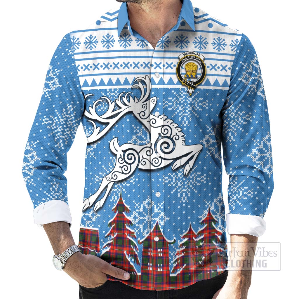 Tartan Vibes Clothing Wauchope Clan Christmas Long Sleeve Button Shirt Celtic Reindeer Style