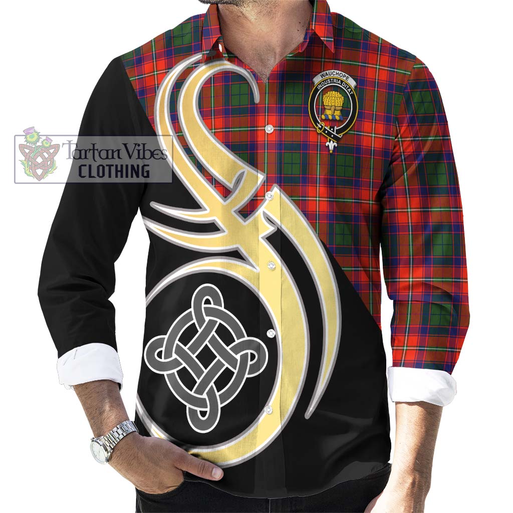 Wauchope Tartan Long Sleeve Button Shirt with Family Crest and Celtic Symbol Style - Tartan Vibes Clothing