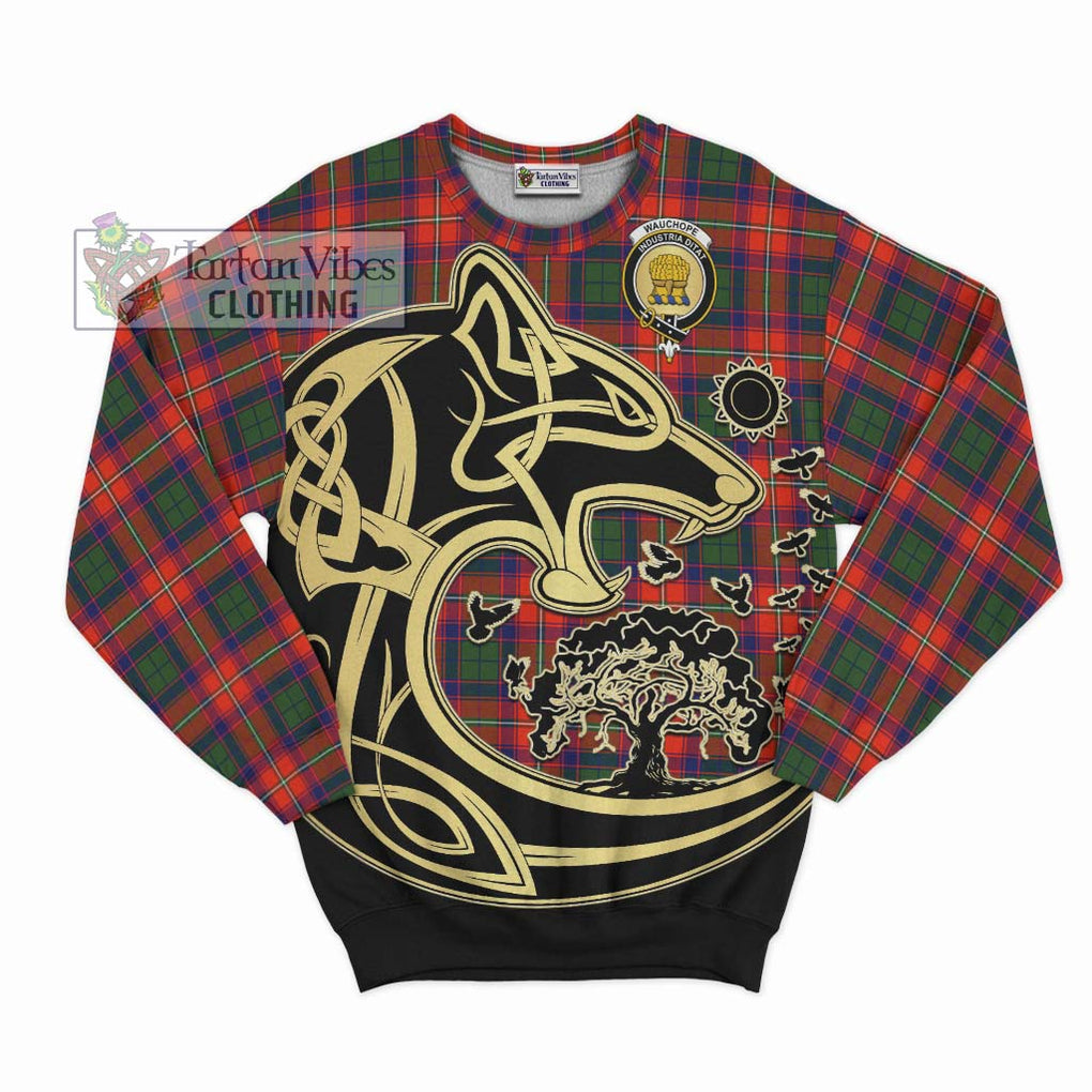 Wauchope Tartan Sweatshirt with Family Crest Celtic Wolf Style - Tartan Vibes Clothing