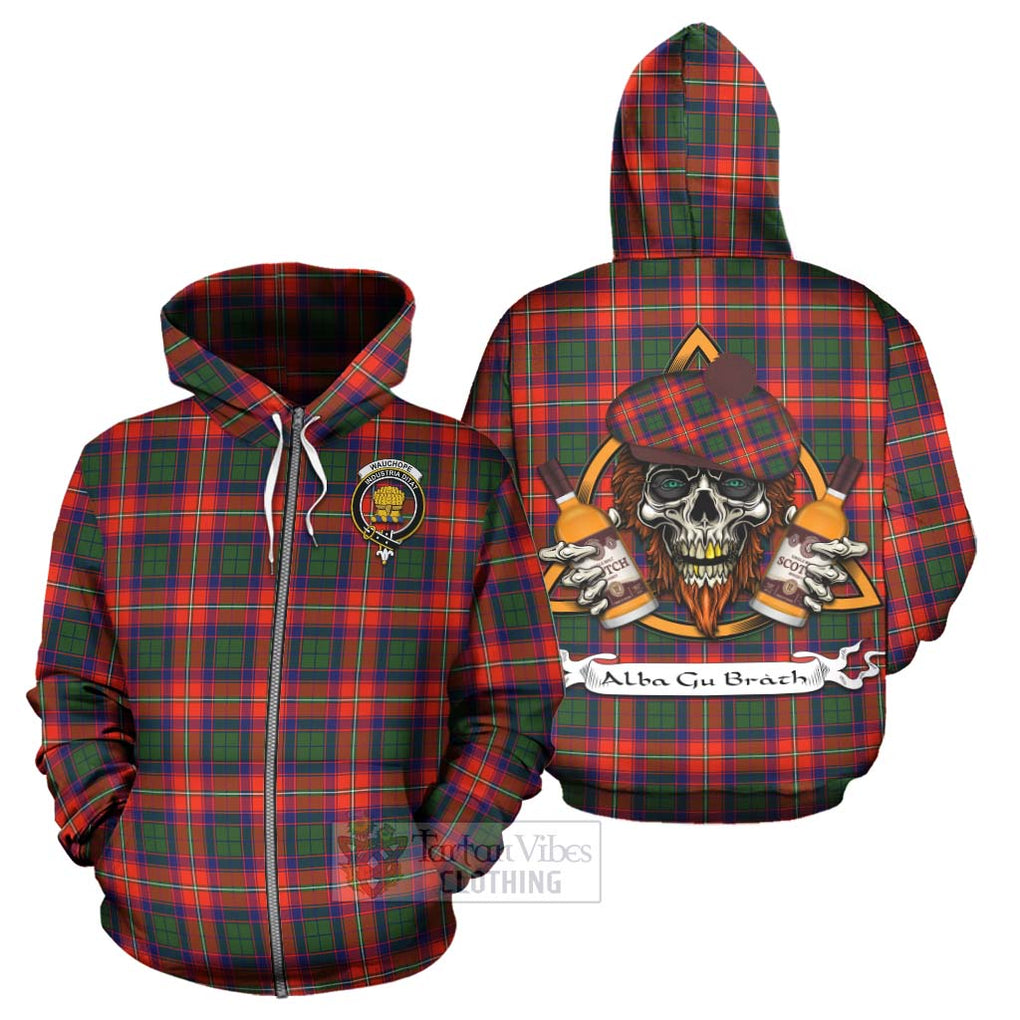 Tartan Vibes Clothing Wauchope Tartan Hoodie with Family Crest and Bearded Skull Holding Bottles of Whiskey