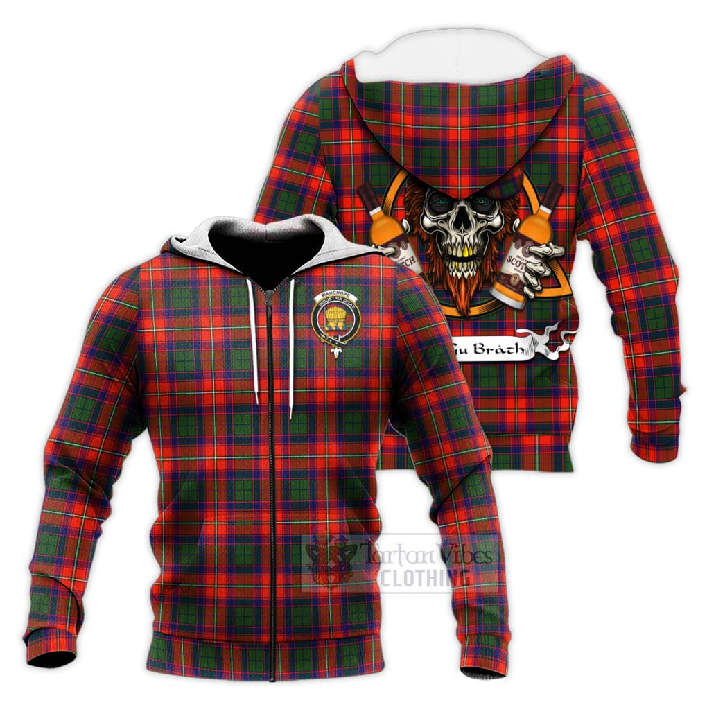 Tartan Vibes Clothing Wauchope Tartan Knitted Hoodie with Family Crest and Bearded Skull Holding Bottles of Whiskey