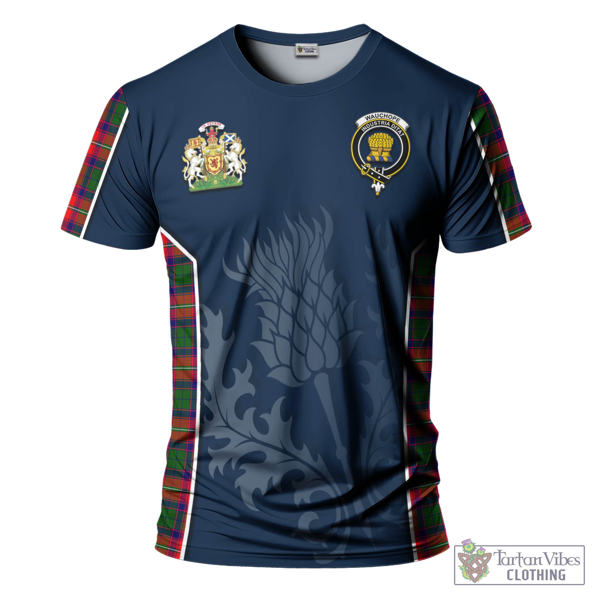 Tartan Vibes Clothing Wauchope Tartan T-Shirt with Family Crest and Scottish Thistle Vibes Sport Style