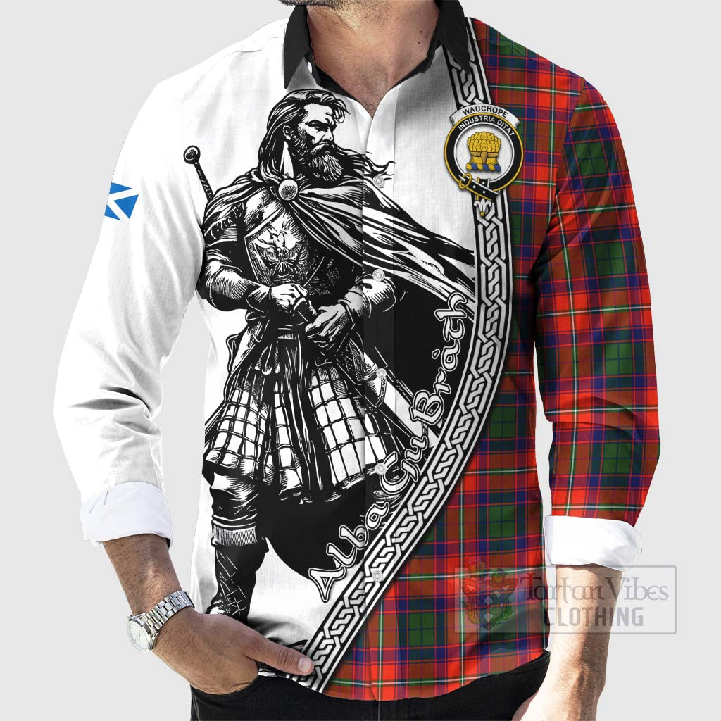 Tartan Vibes Clothing Wauchope Tartan Clan Crest Long Sleeve Button Shirt with Highlander Warrior Celtic Style