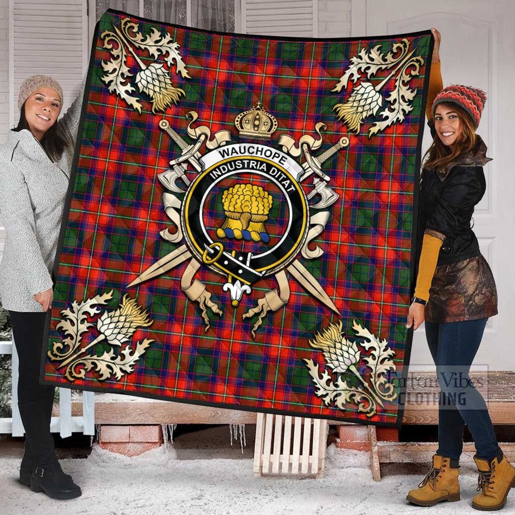 Tartan Vibes Clothing Wauchope Tartan Quilt with Family Crest and Scottish Golden Courage Shield