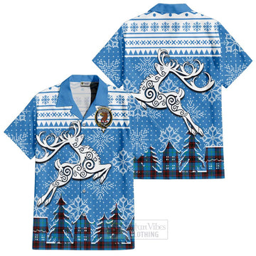 Wedderburn Clan Christmas Short Sleeve Button Shirt Celtic Reindeer Style