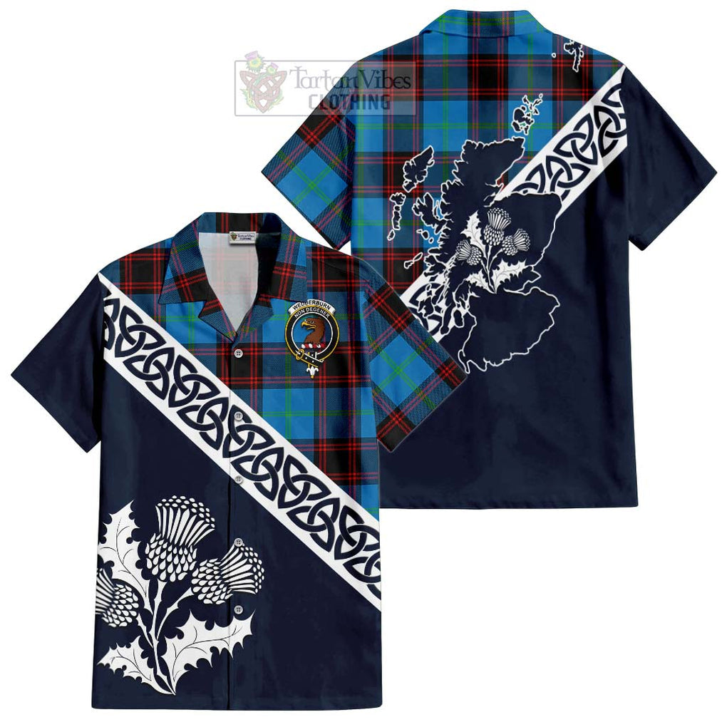 Tartan Vibes Clothing Wedderburn Tartan Short Sleeve Button Shirt Featuring Thistle and Scotland Map